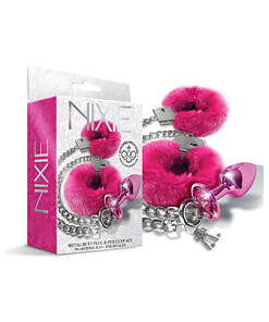 Nixie Metal Butt Plug & Furry Handcuff Set in medium pink metallic with sparkling jewel plug and fluffy cuff lining on a white background.