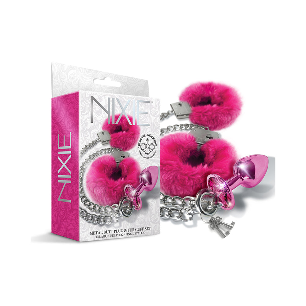 Nixie Metal Butt Plug & Furry Handcuff Set in medium pink metallic with sparkling jewel plug and fluffy cuff lining on a white background.