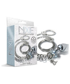 Nixie Metal Butt Plug & Handcuffs Set Silver with sparkling purple jewel plug and silver handcuffs on white background.