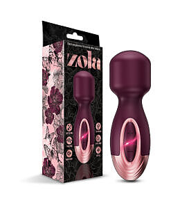 Black Zola rechargeable mini wand with flexible silicone head and USB cable on wooden nightstand.