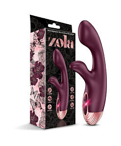 Zola Rechargeable Silicone Warming Dual Massager in soft pink with dual flexible arms and LED warming indicator.