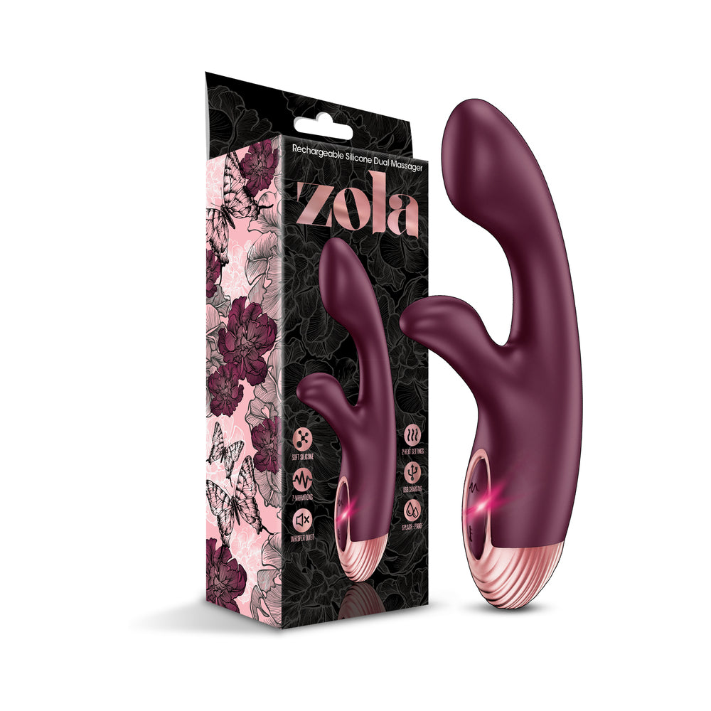 Zola Rechargeable Silicone Warming Dual Massager in soft pink with dual flexible arms and LED warming indicator.