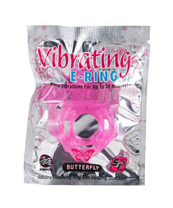 Powerbullet Vibrating Cockring Butterfly Pink: pink silicone cock ring with butterfly stimulator and removable vibrating bullet on a clean surface.