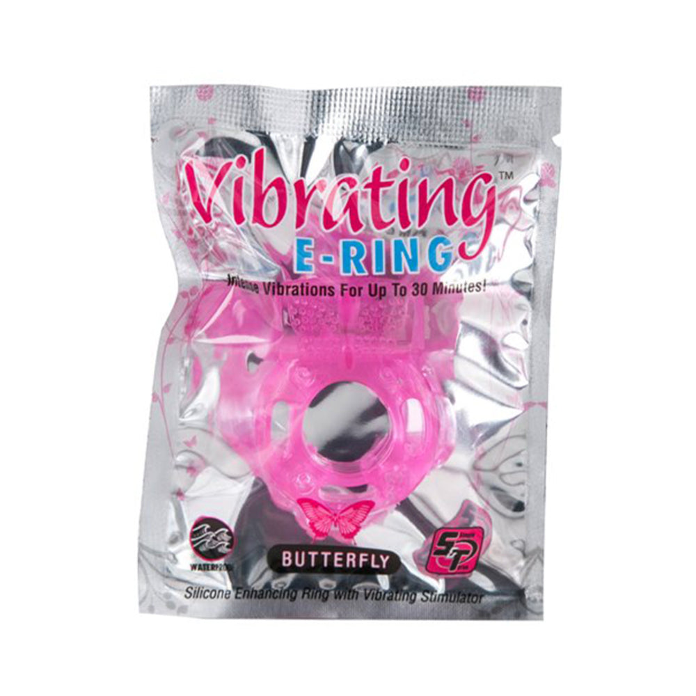Powerbullet Vibrating Cockring Butterfly Pink: pink silicone cock ring with butterfly stimulator and removable vibrating bullet on a clean surface.
