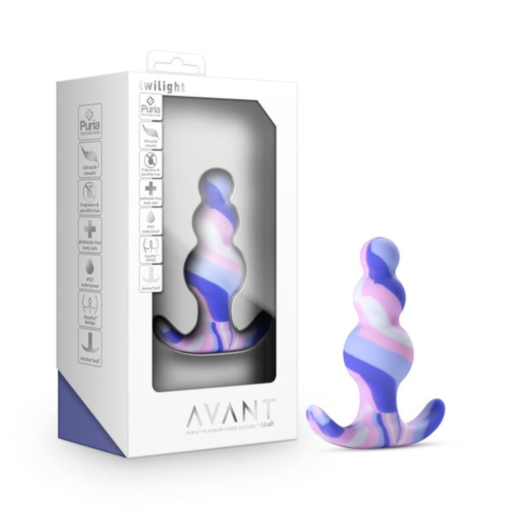 Blush Avant Twilight Silicone Anal Plug in Blue with tapered head and three pleasure curves