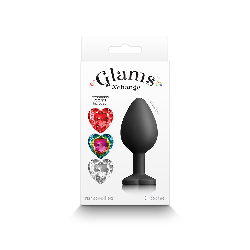 Heart anal plug medium with interchangeable gems displayed on a sleek surface showing three colorful jewels.