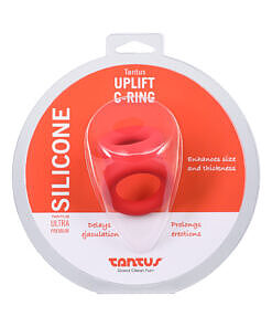 Tantus Uplift C-Ring Cock and Ball Sling in Crimson - dual-ring body-safe silicone design