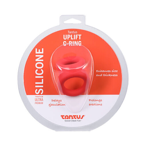 Tantus Uplift C-Ring Cock and Ball Sling in Crimson - dual-ring body-safe silicone design