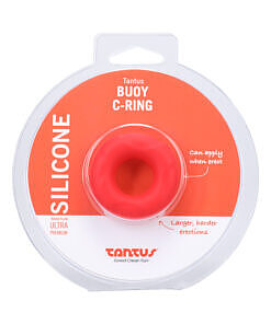 Crimson Tantus Buoy C-Ring small sized silicone ring on white background.