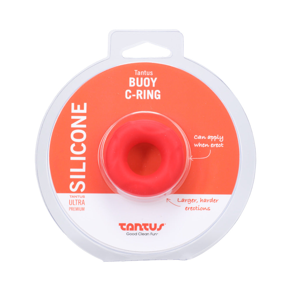 Crimson Tantus Buoy C-Ring small sized silicone ring on white background.