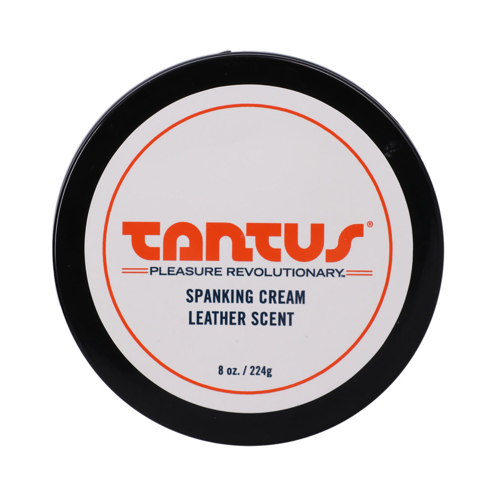 Tantus Apothecary Spanking Cream Leather Scent 8 oz jar with creamy white lotion and subtle leather aroma