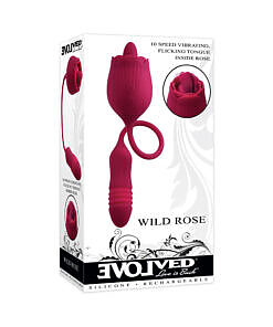 Evolved Wild Rose dual-ended thrusting vibrator in red with flicking tongue rose and thrusting bullet
