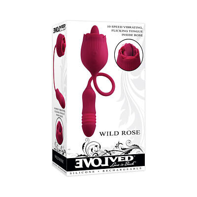 Evolved Wild Rose dual-ended thrusting vibrator in red with flicking tongue rose and thrusting bullet - Best sex toy for women
