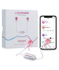 Close-up of Lovense Gemini Bluetooth vibrating nipple clamps with silicone tips and adjustable design on dark background.