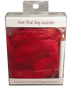 Red rose petal trail with white pencil message on petal