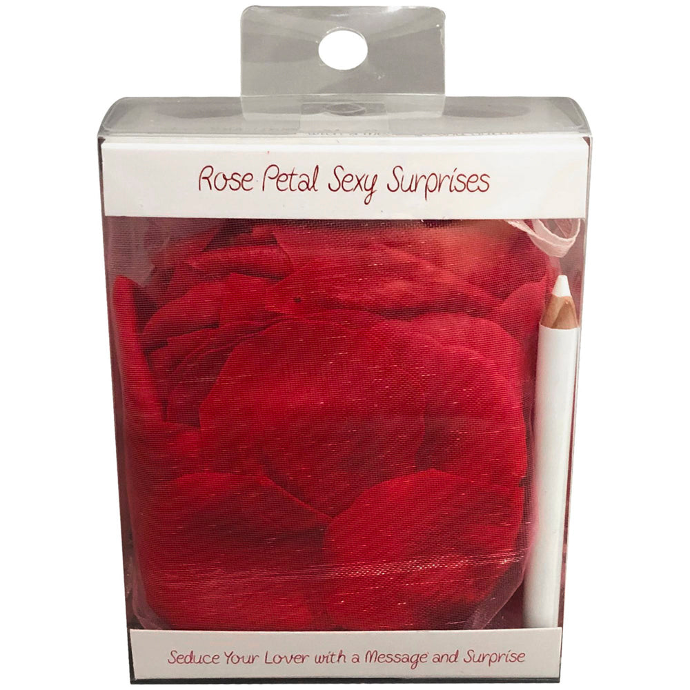 Red rose petal trail with white pencil message on petal