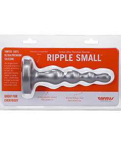 Silver Tantus Ripple Small silicone anal beads with graduated ripples and flared base on a white surface.