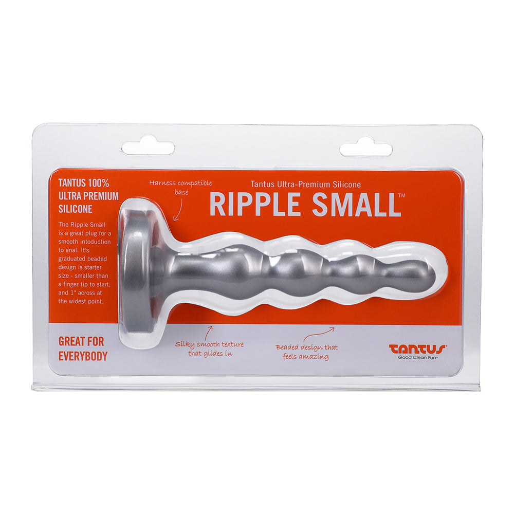 Silver Tantus Ripple Small silicone anal beads with graduated ripples and flared base on a white surface.