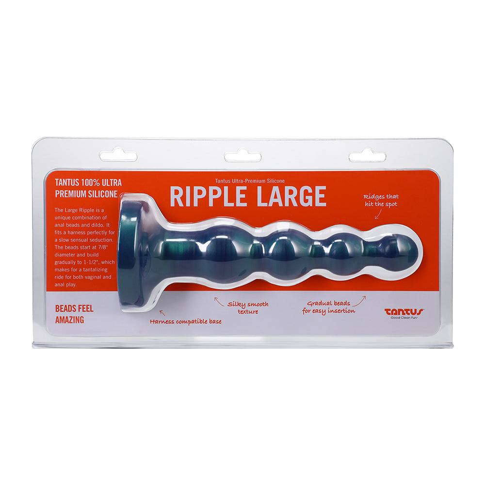 Tantus Ripple Large anal beads dildo in malachite green with five graduated beads on a white background.
