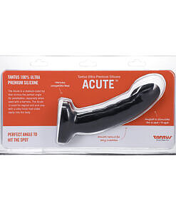 Tantus Acute curved dildo in deep Night Sky with matte silicone finish and subtle ridges against a clean white background.