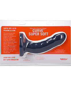 Tantus Curve 6.5 inch dildo in sapphire blue silicone with stepped ridges on a white background.