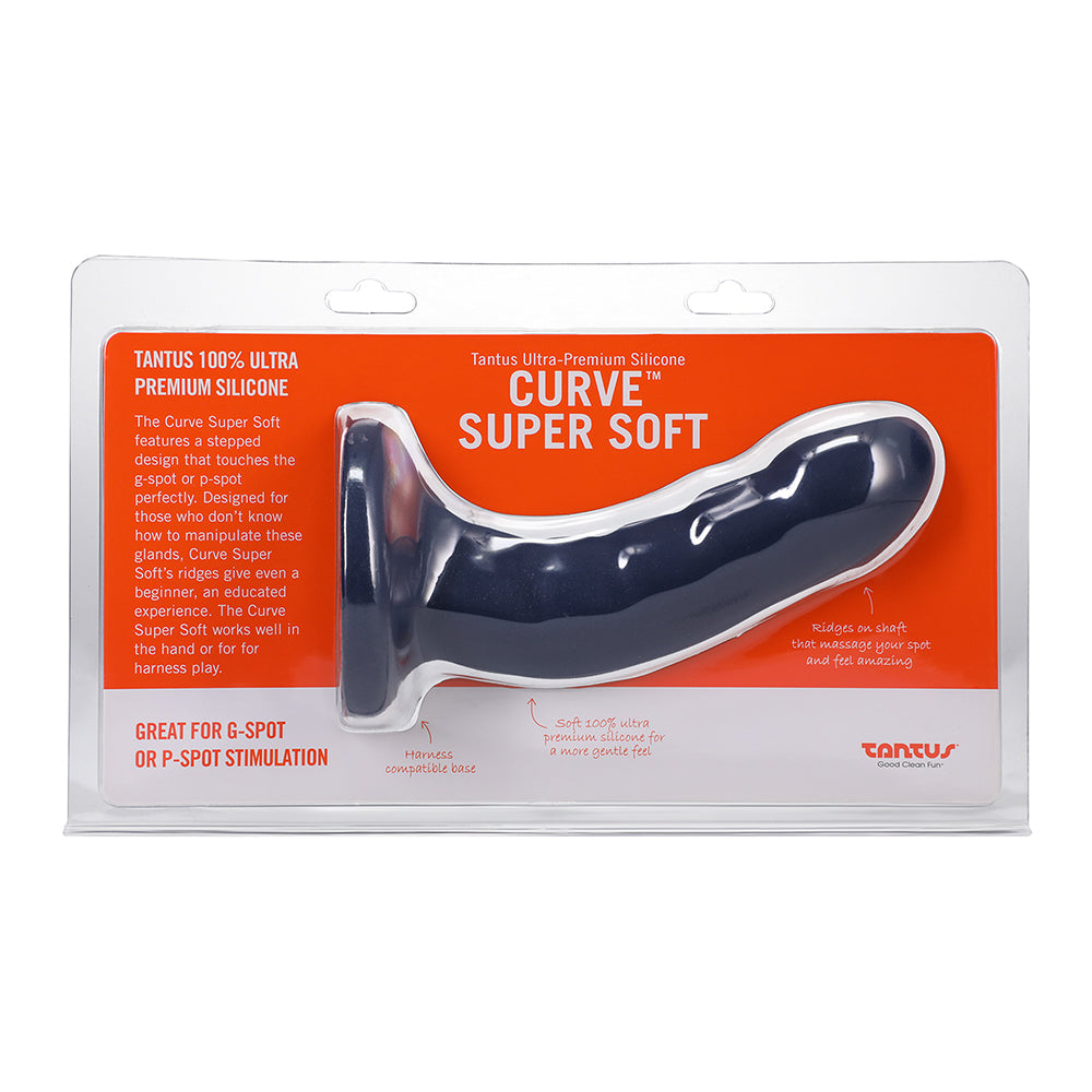 Tantus Curve 6.5 inch dildo in sapphire blue silicone with stepped ridges on a white background.
