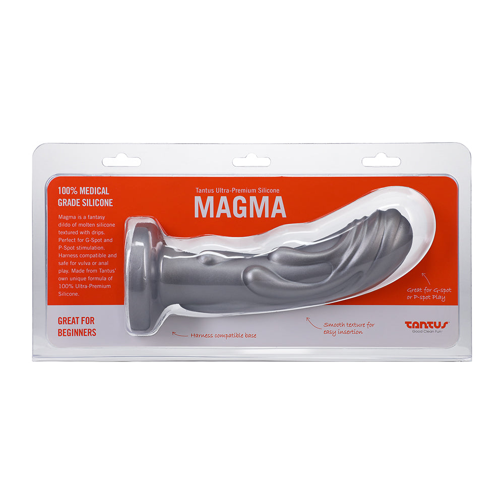 Silver Tantus Magma fantasy dildo with sculpted molten drips texture