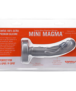 Tantus Mini Magma 5 in. Fantasy Dildo Firm Silver with molten drip texture and flared base on a neutral background.