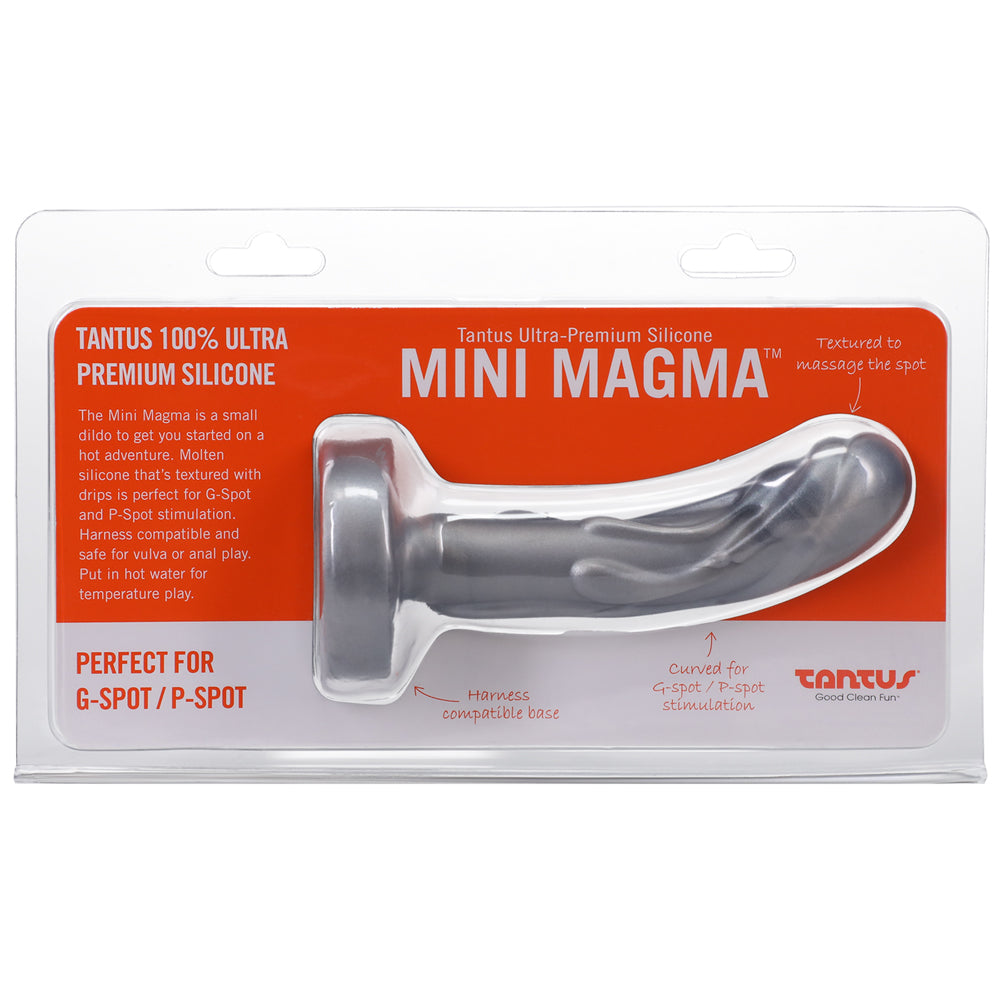 Tantus Mini Magma 5 in. Fantasy Dildo Firm Silver with molten drip texture and flared base on a neutral background.