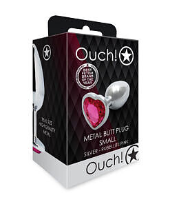 Shots Ouch! Heart Gem Butt Plug Small silver metal toy with pink jewel heart on white background