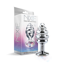 Nixie Ribbed Metal Butt Plug Honey Dipper Large with rainbow jewel base and ribbed tapered shaft on a white background