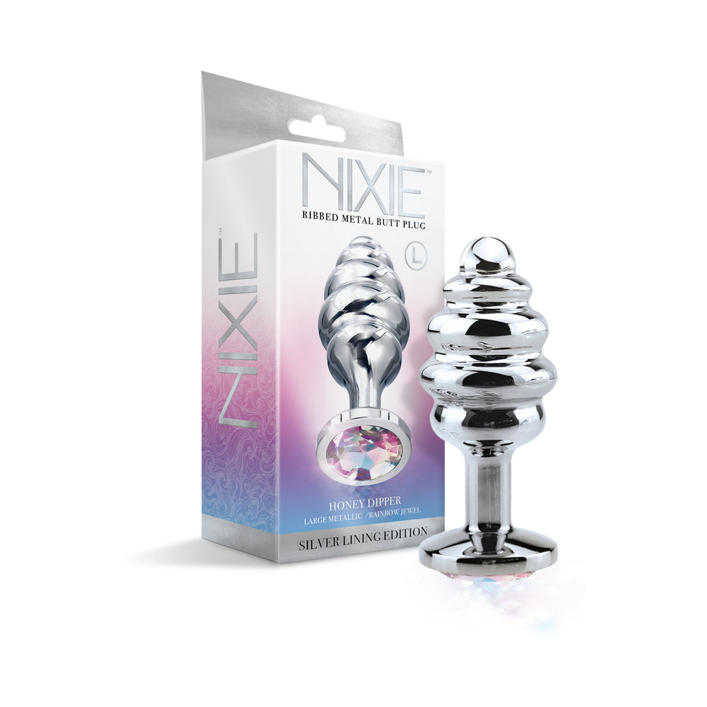 Nixie Ribbed Metal Butt Plug Honey Dipper Large with rainbow jewel base and ribbed tapered shaft on a white background
