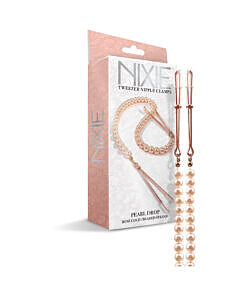 Rose gold tweezer nipple clamps with lustrous pearl strand draped elegantly on a soft surface