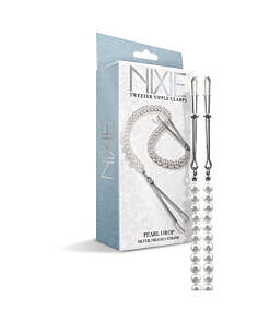 Silver pearl drop nipple clamps with 13-inch lustrous pearl strand and adjustable sliding ring.