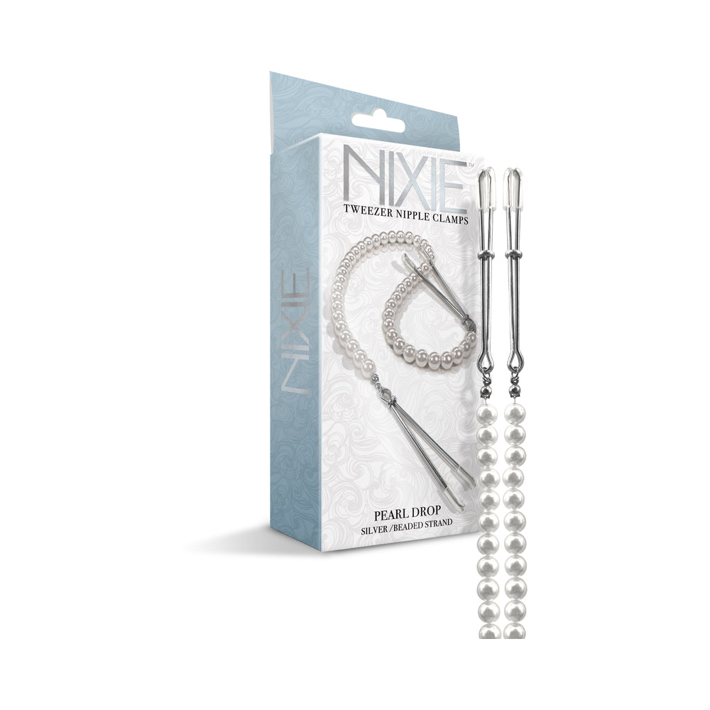 Silver pearl drop nipple clamps with 13-inch lustrous pearl strand and adjustable sliding ring.