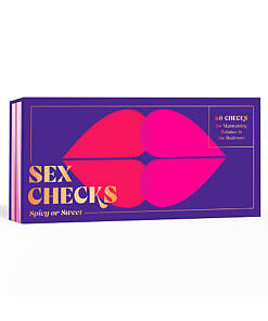 Sex Checks: Spicy or Sweet paperback booklet showing a filled-out check next to a glass of wine and rose petals.