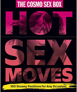 COSMO's Hot Sex Moves box with 100 position cards fanned out showing illustrated couples on a satin sheet background.