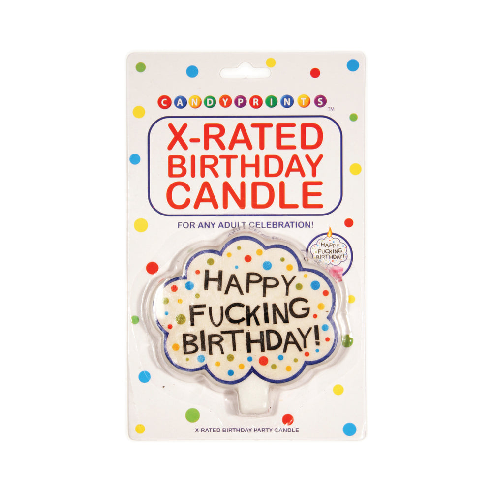 Happy Fucking Birthday! X-Rated Candle on a festive table with confetti