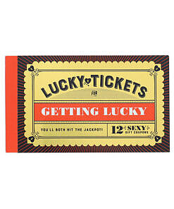 Lucky Tickets for Getting Lucky foil-stamped tickets fanned out on a satin ribbon with golden shimmer.