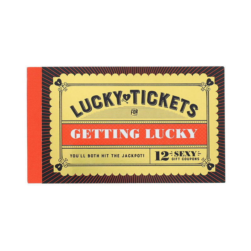 Lucky Tickets for Getting Lucky foil-stamped tickets fanned out on a satin ribbon with golden shimmer.