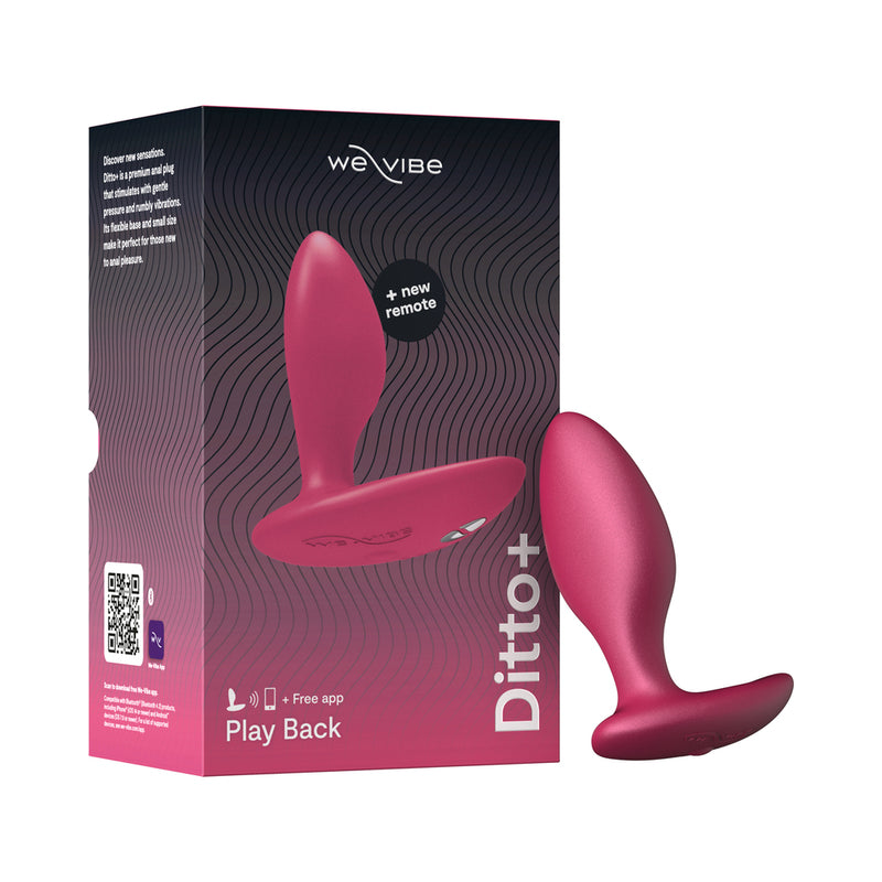 We-Vibe Ditto+ Cosmic Pink vibrating anal plug with remote and charging cable on white background.