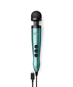 Turquoise Doxy USB-C wand personal massager on a light background
