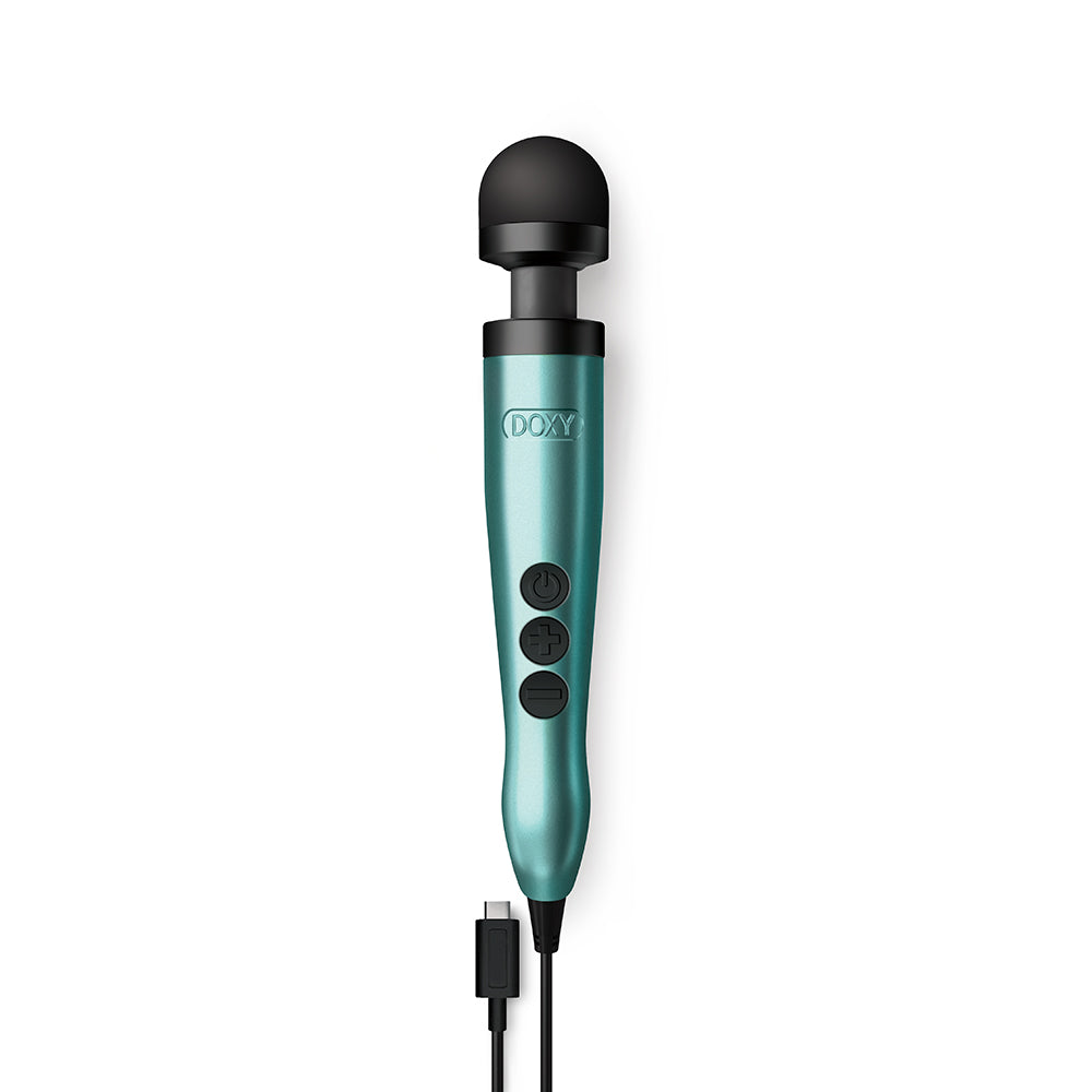 Turquoise Doxy USB-C wand personal massager on a light background