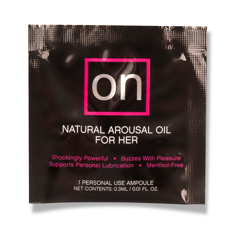 Single-use ampoule packet of Sensuva ON Arousal Oil with botanical formula on a soft silk background.