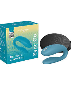 We-Vibe Sync Go in turquoise resting on its travel case