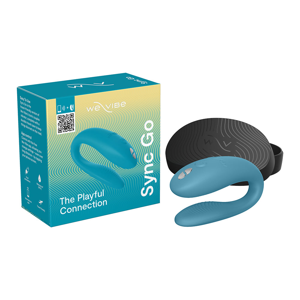 We-Vibe Sync Go in turquoise resting on its travel case