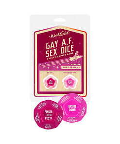 Gay AF Sex Dice: Lesbians set featuring two oversized 28mm 12-sided dice with provocative actions