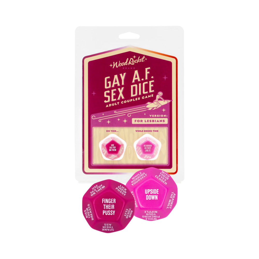 Gay AF Sex Dice: Lesbians set featuring two oversized 28mm 12-sided dice with provocative actions