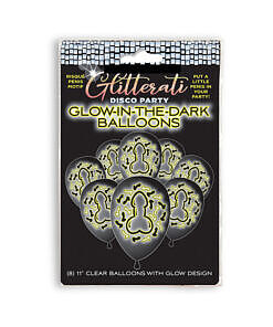 Glow in the dark balloons with disco ball pattern glowing neon against a dark party backdrop.
