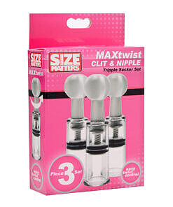 Three clear twisted suction cylinders of Size Matters Twisted Triplets nipple and clit suckers on white surface.